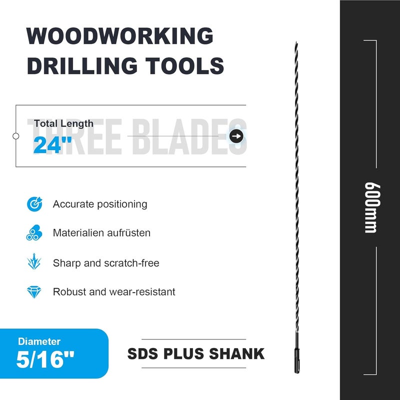WOBLLMX 5/16" x 24" Auger Drill Bit with SDS Plus Shank for Wood,Tri Flute Ship Auger Long Drill Bit for Soft and Hard Wood,Tree Stump,Plastic,Drywall and Composite Materials - Image 2